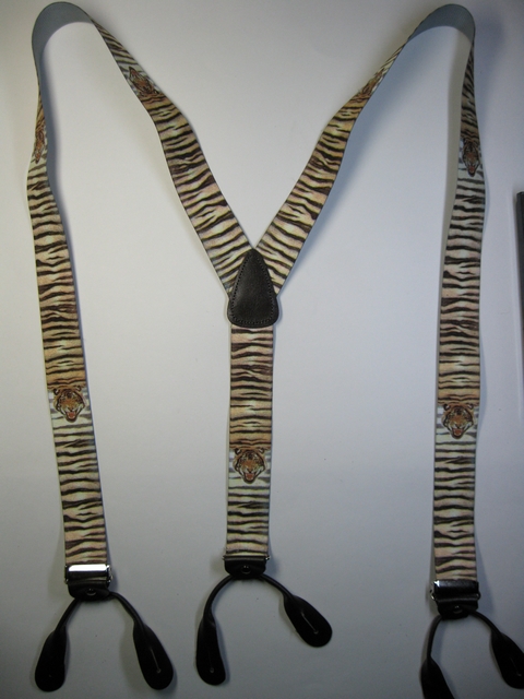 WILDLIFE TIGER Button On.1 1/2"x 48" "Y" Style Leather Ends. Entirely Stretchable Hand Washable and Hang to Dry Cotton/Polyester Material. YB-PB130N48WLTG